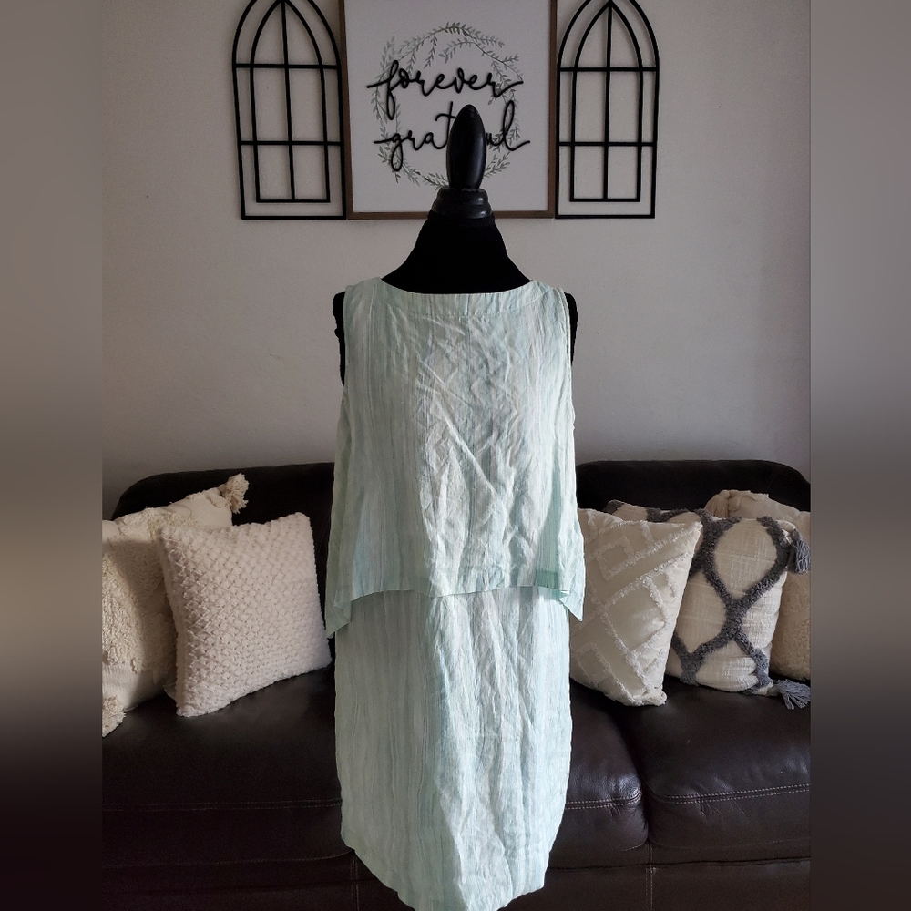 J Jill 100% Linen Blue & Green Dress Women's Size L Petite Boho Chic Coastal